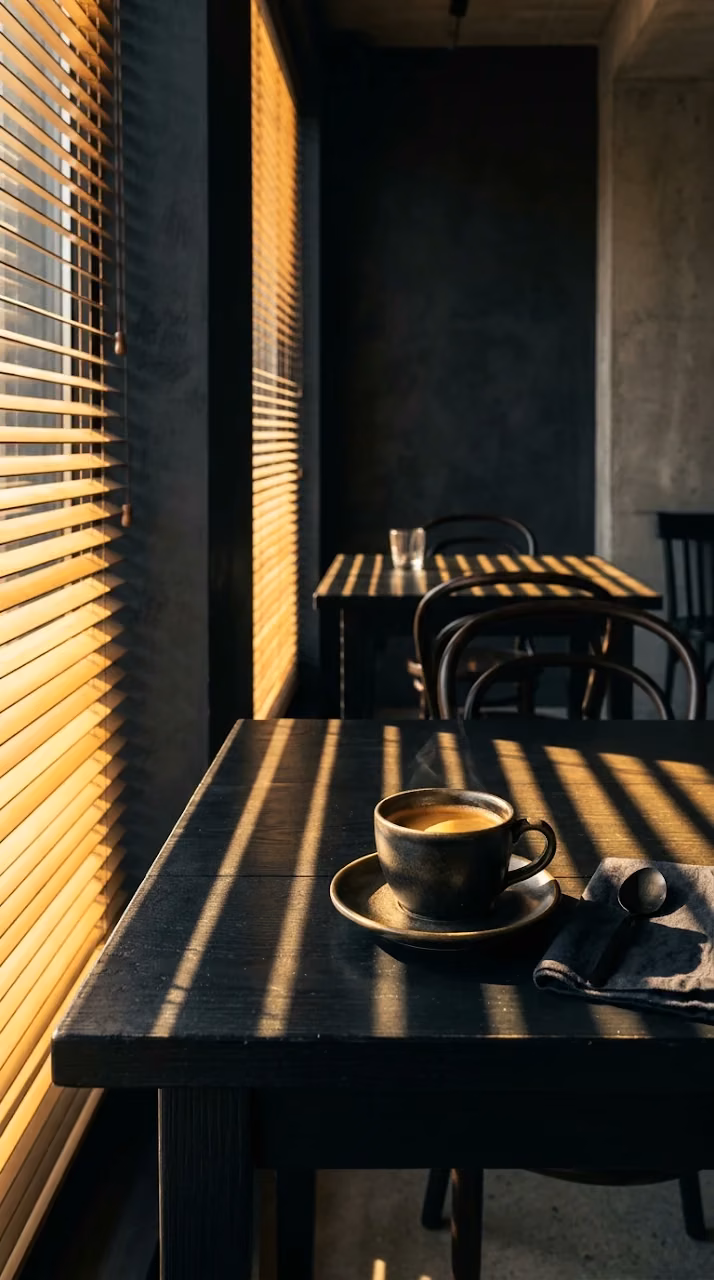 Sunrise Light Through Blinds in Dark Modern Café - Free Mobile AMOLED Wallpaper Background