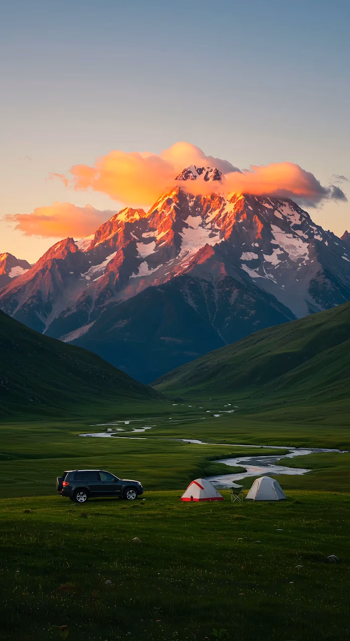 Sunset Camping in Alpine Meadow with Orange Lit Peaks - Free Mobile AMOLED Wallpaper Background