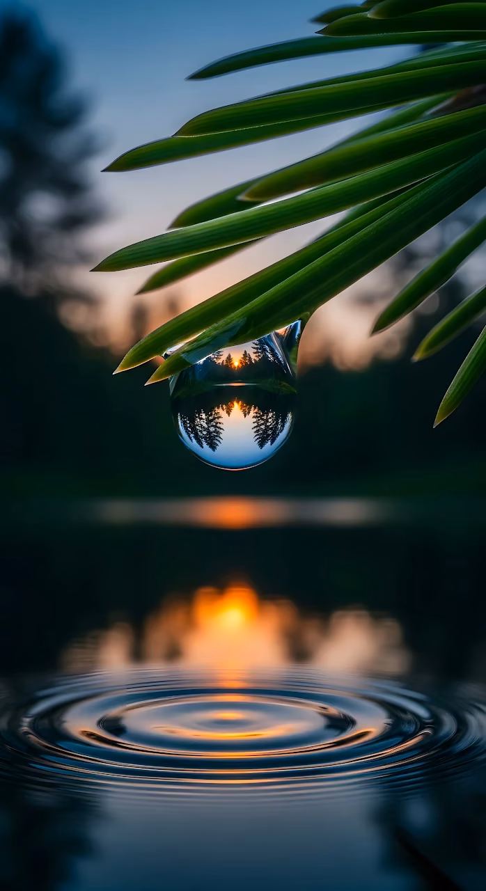 Sunset Forest Reflection Water Droplet Pine Needle Macro - Free Mobile AMOLED Wallpaper Background