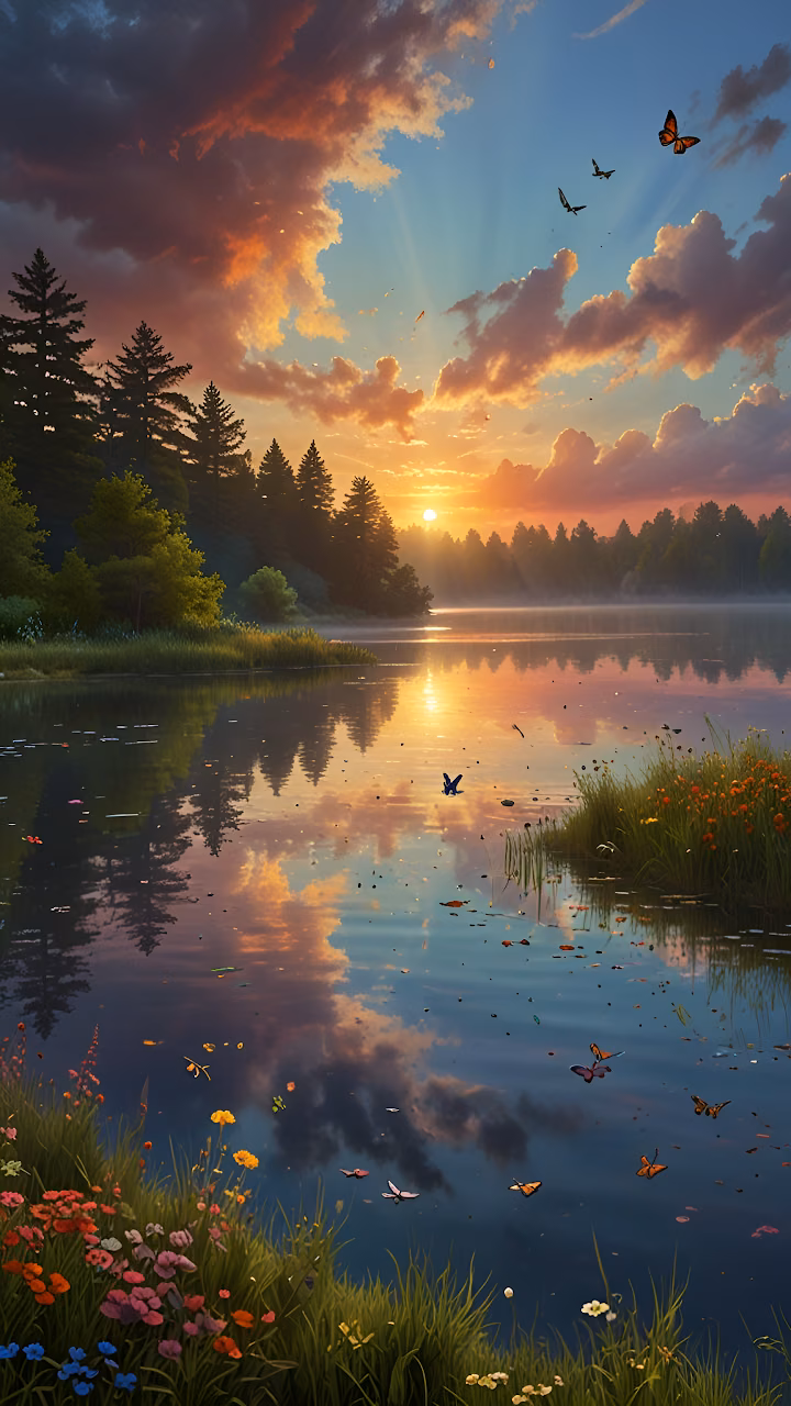 Sunset Over Lake with Butterflies and Colorful Wildflowers - Free Mobile AMOLED Wallpaper Background