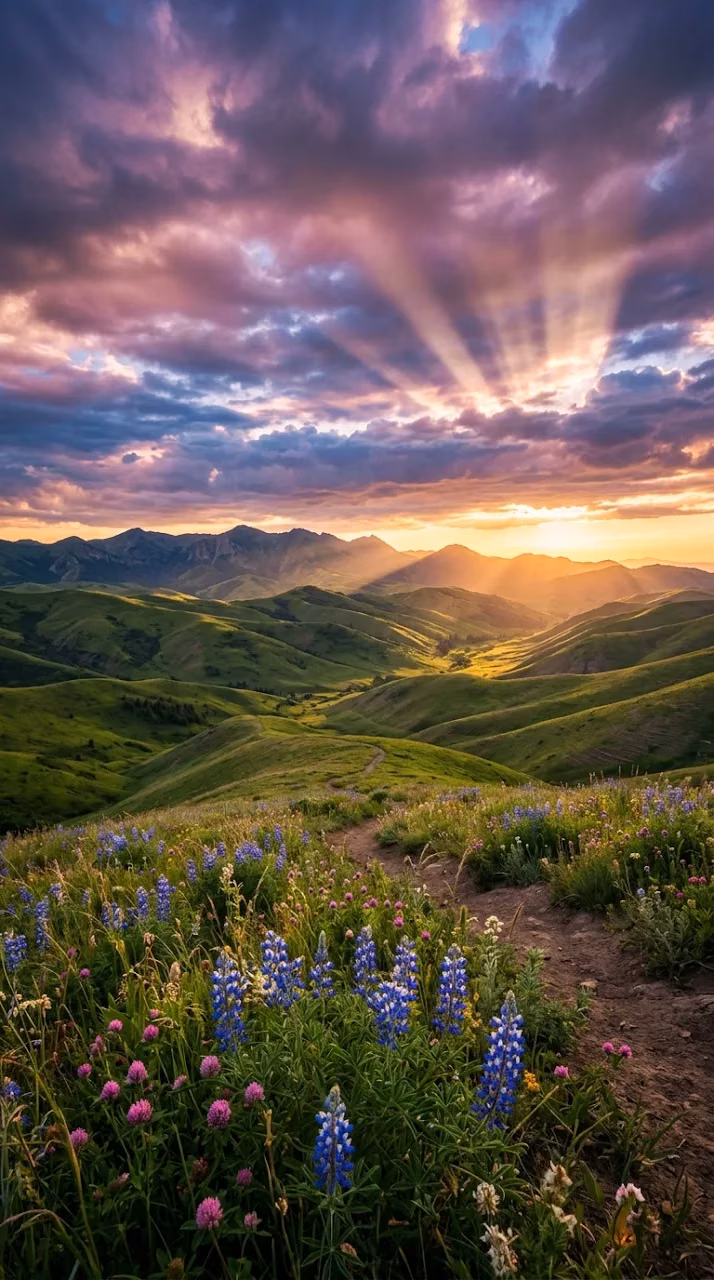 Sunset over Rolling Green Hills with Wildflowers and Crepuscular Rays - Free Mobile AMOLED Wallpaper Background