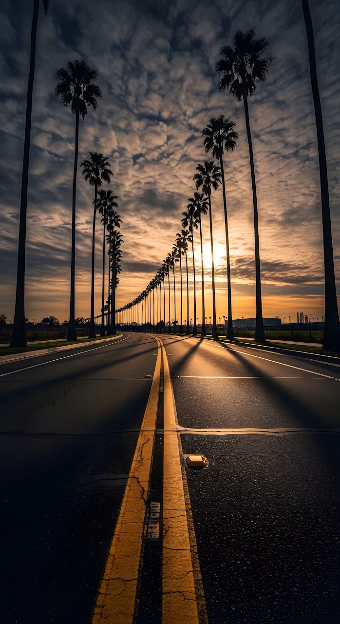 Sunset Road Lined with Tall Palm Trees and Dramatic Clouds - Free Mobile AMOLED Wallpaper Background