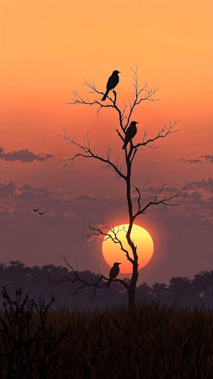 Download Sunset Silhouette of Bare Tree and Crows Against Orange Sky Wallpaper in 4K UHD Sunset Silhouette of Bare Tree and Crows Against Orange Sky - Free 4K Desktop Wallpaper Background