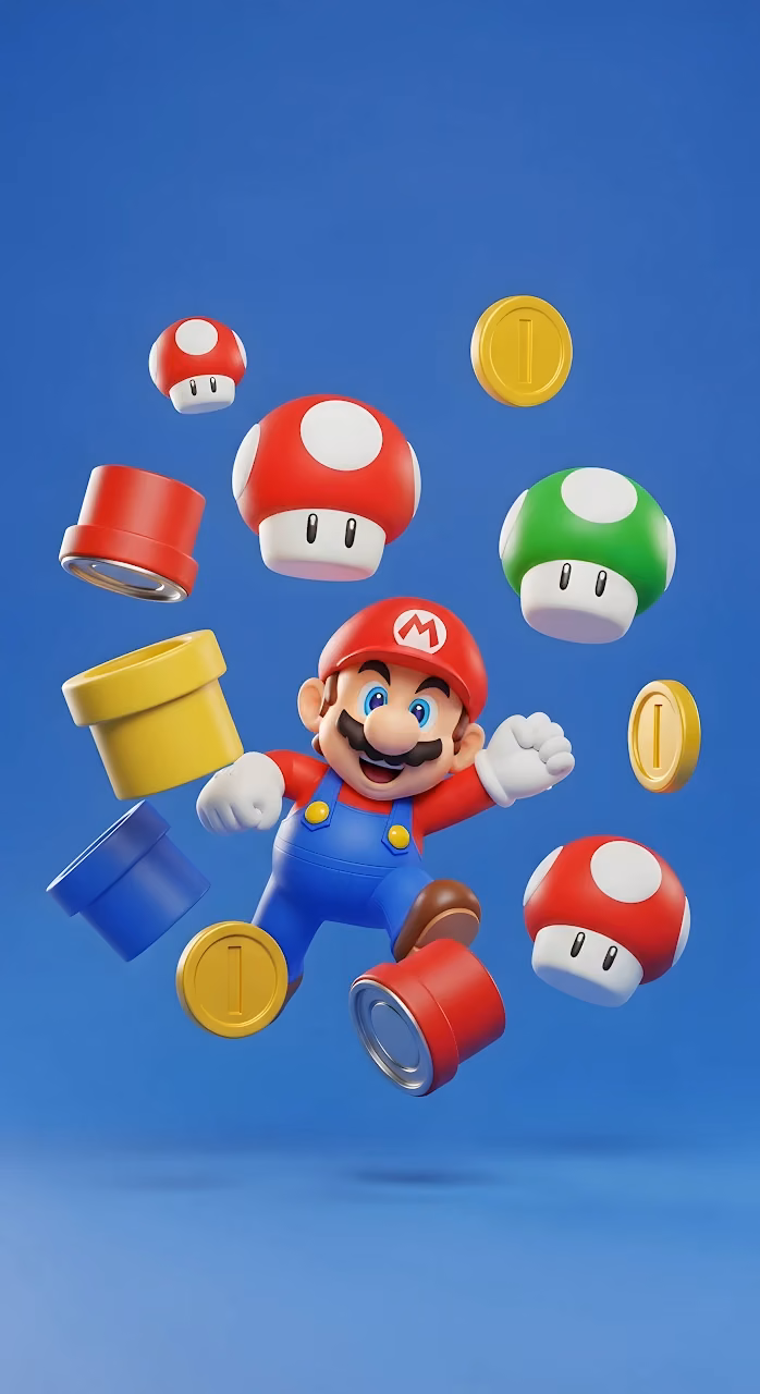 Super Mario Jumping 3D Render Floating Power Ups Gaming Art - Free Mobile AMOLED Wallpaper Background