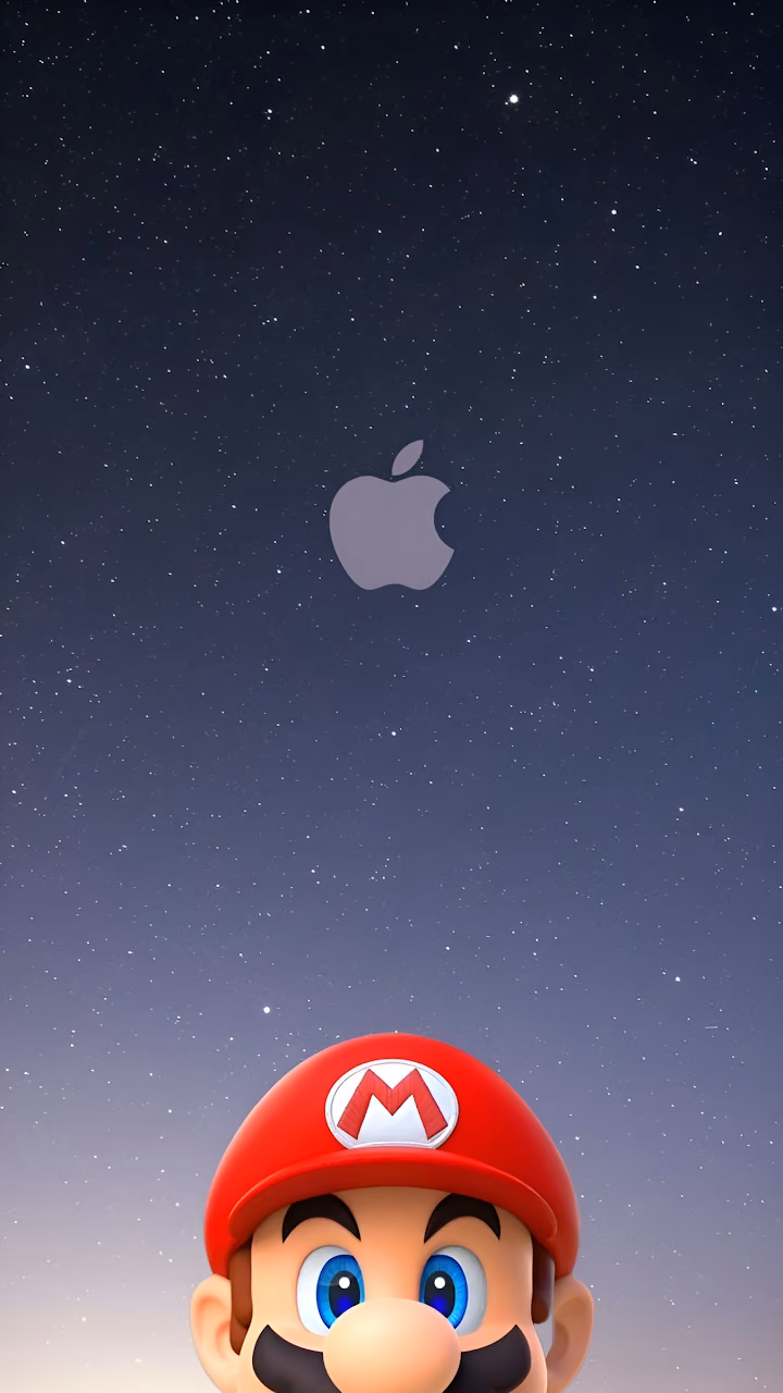 Super Mario Peeking Under Apple Logo Starry Night Sky - Free Mobile AMOLED Wallpaper Background