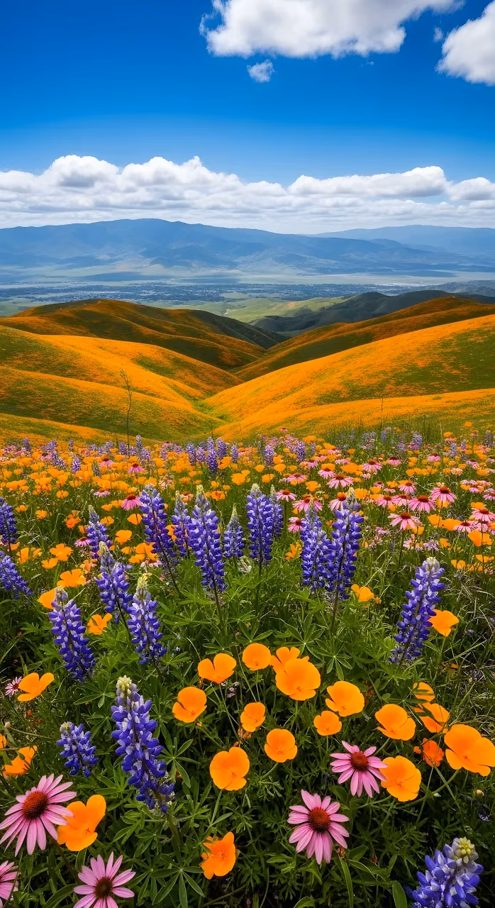 Superbloom Flowers Over Orange and Green Hills - Free Mobile AMOLED Wallpaper Background