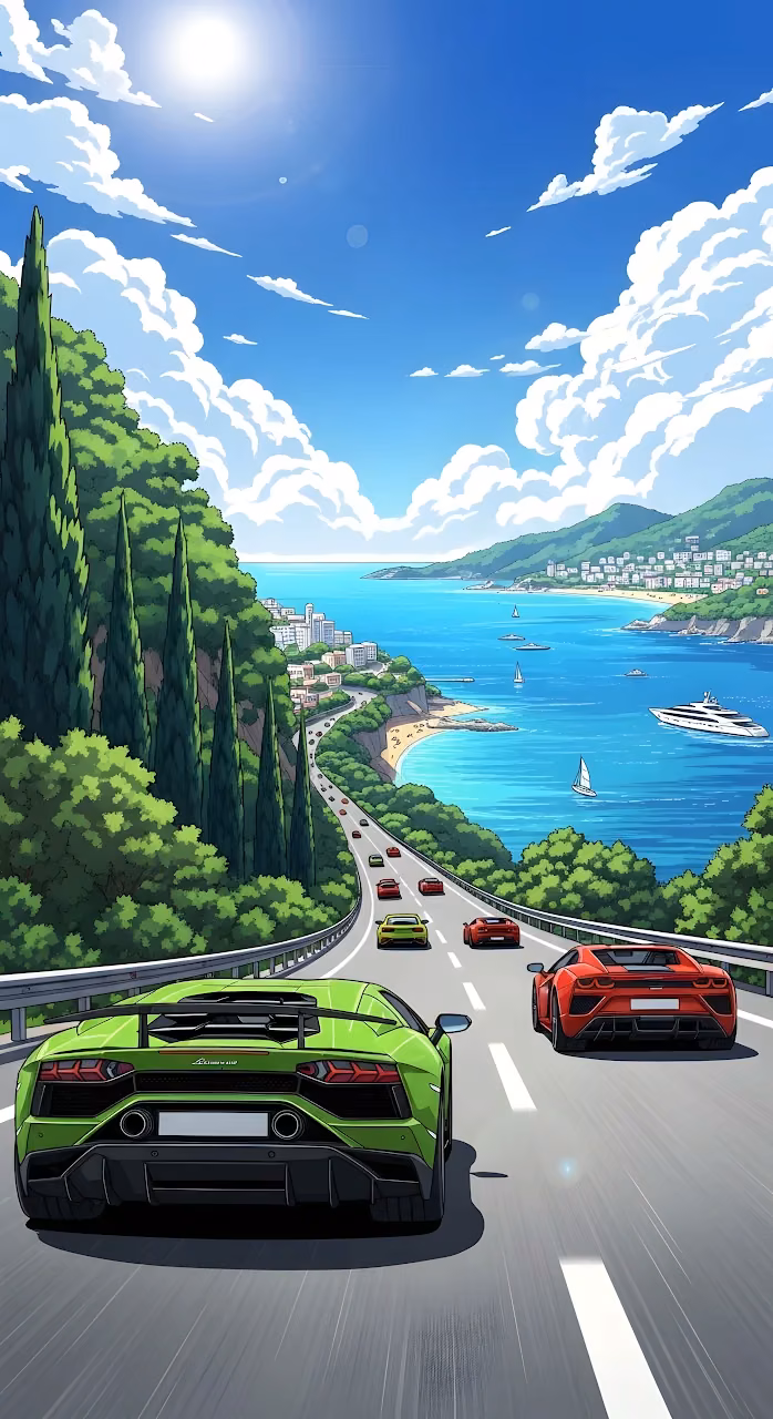Supercars Driving Mediterranean Coastal Highway Illustration - Free Mobile AMOLED Wallpaper Background