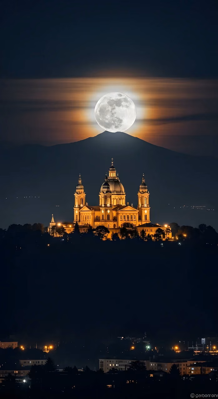 Superga Basilica Under a Giant Full Moon and Mountain Silhouette - Free Mobile AMOLED Wallpaper Background