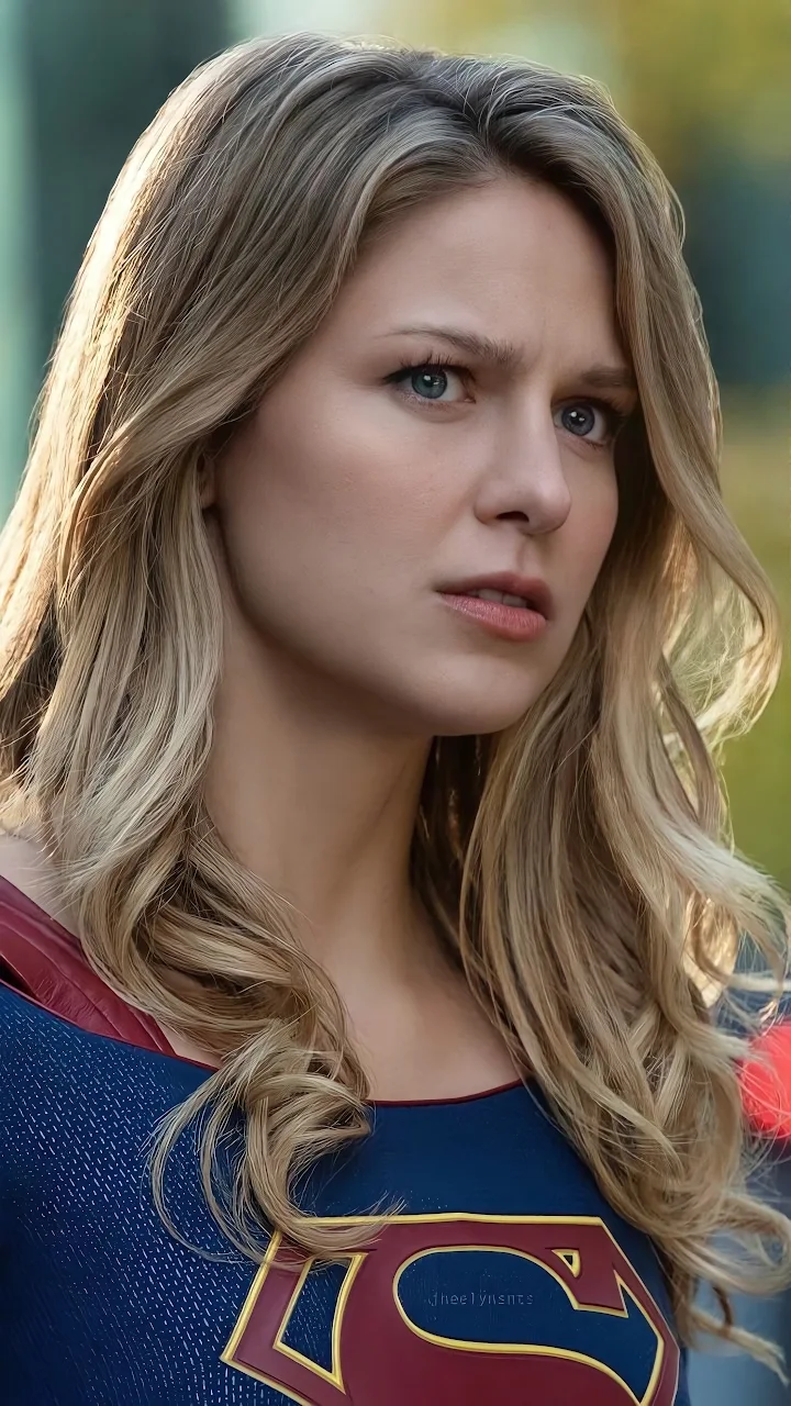 Close-up portrait of Kara Danvers in the Supergirl suit with blonde hair and a focused expression outdoors.