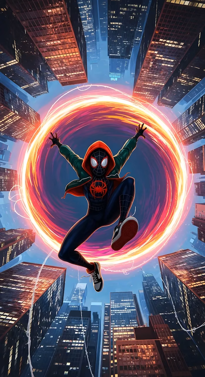 Download Superhero Mid-Air with Glowing Portal in Metropolis Wallpaper in Mobile HD Superhero Mid-Air with Glowing Portal in Metropolis - Free Mobile AMOLED Wallpaper Background
