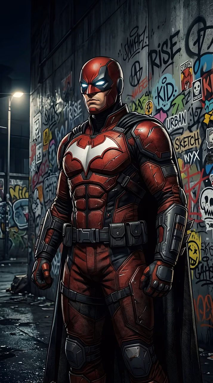 Superhero in Red Tactical Armor in Urban Alley - Free Mobile AMOLED Wallpaper Background