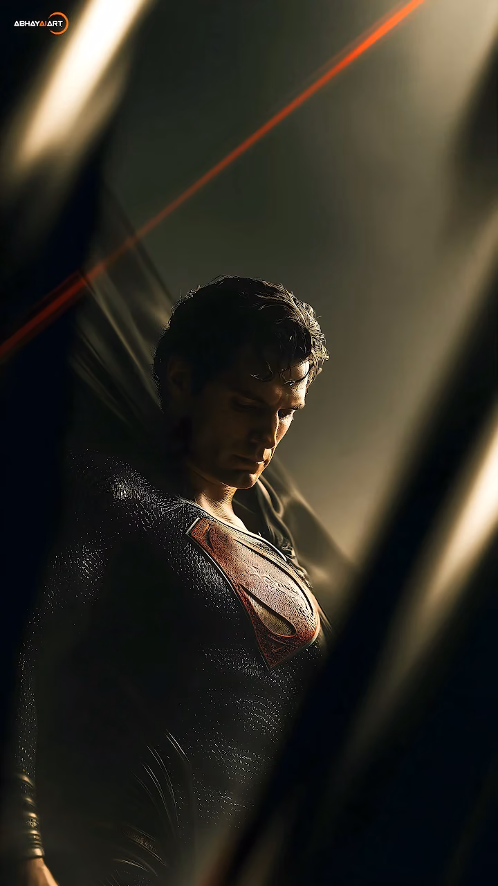 Download Superman Black Suit Cinematic Sunlight HD Wallpaper in Mobile HD Superman in black suit looking down in dramatic shadow under a diagonal beam of sunlight.