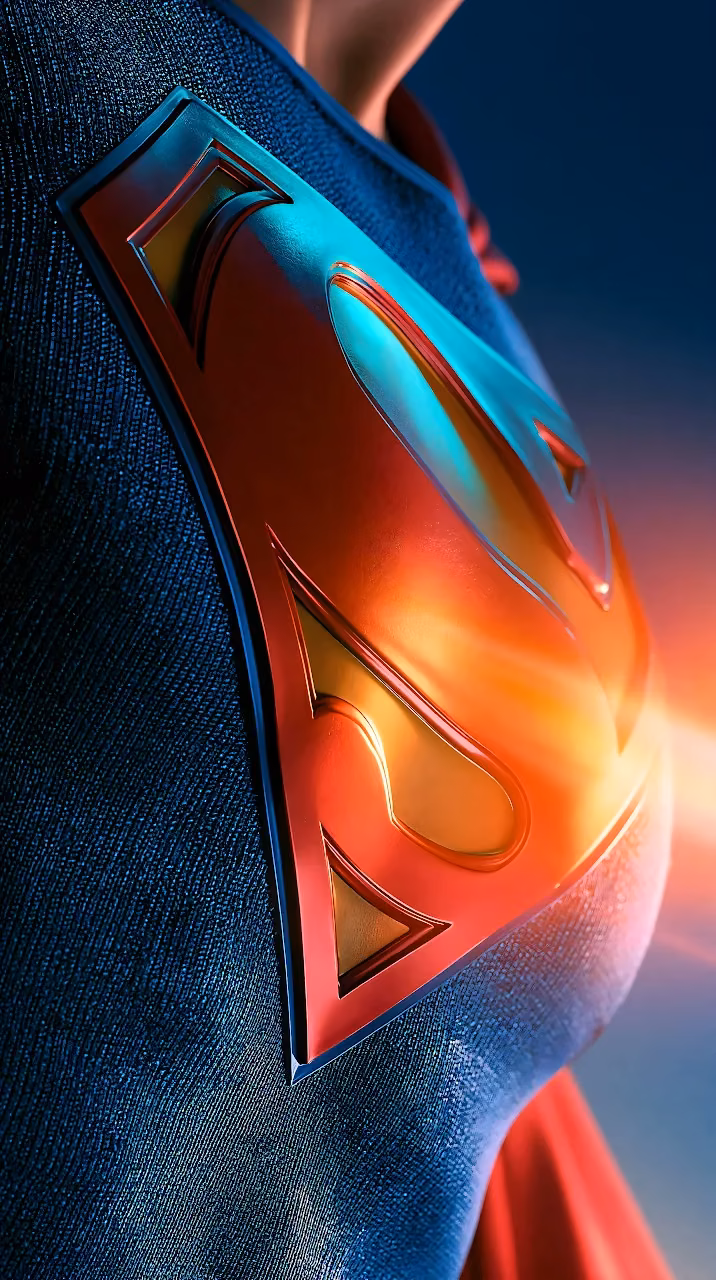 Download Superman Shield Chest Emblem Close Up HD Wallpaper in Mobile HD Close-up profile of Superman's red and yellow chest shield emblem on textured blue suit material.