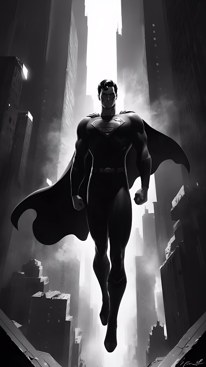 Download Superman Floating Above City in Dramatic Black and White Wallpaper in Mobile HD Superman Floating Above City in Dramatic Black and White - Free Mobile AMOLED Wallpaper Background