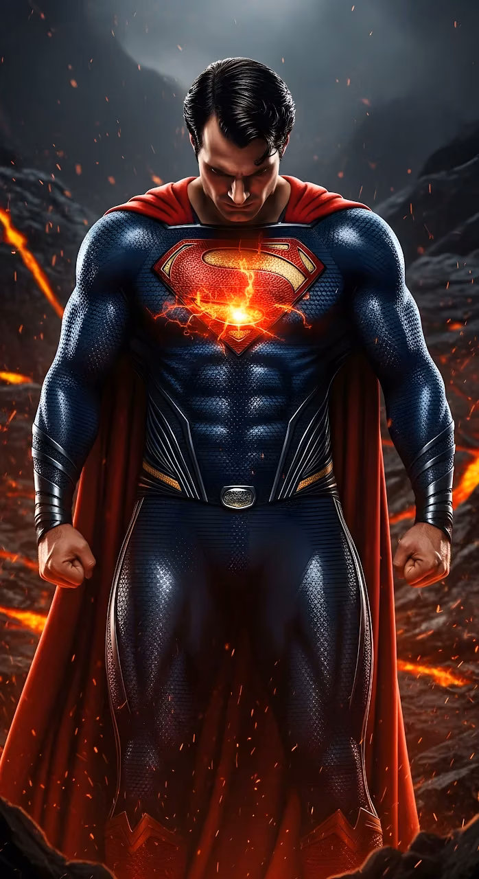 Superman Heroic Stance Volcanic Lava Battle Scene Art - Free Mobile AMOLED Wallpaper Background