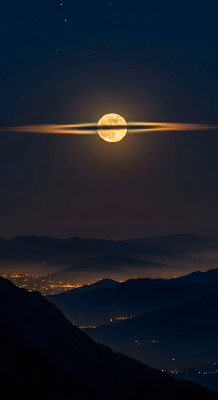 Supermoon Rising Over Mountain Range City Lights Night - Free Mobile AMOLED Wallpaper Background