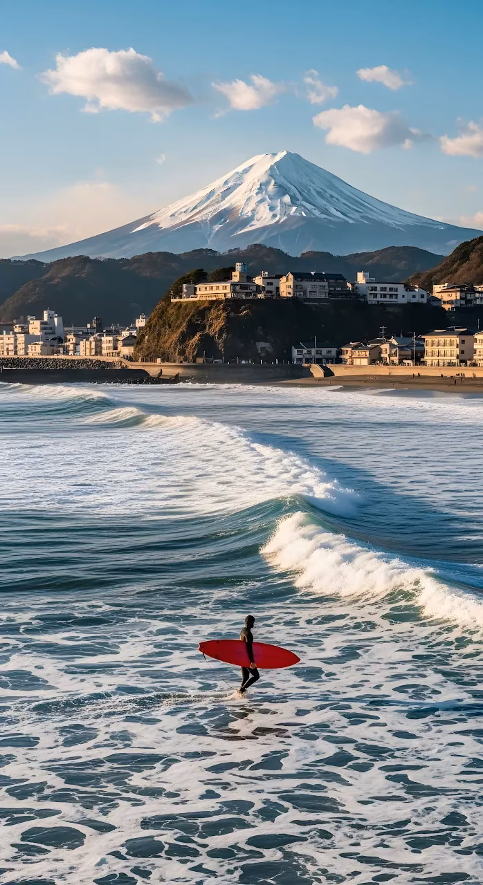 Surfer with Red Board and Iconic Mount Fuji Backdrop - Free Mobile AMOLED Wallpaper Background