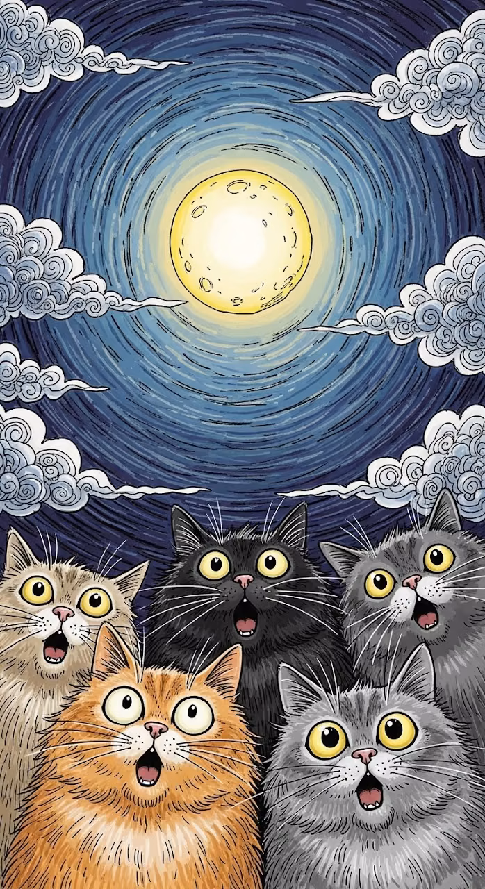 Surprised Cartoon Cats Looking Up at a Swirling Moon - Free Mobile AMOLED Wallpaper Background