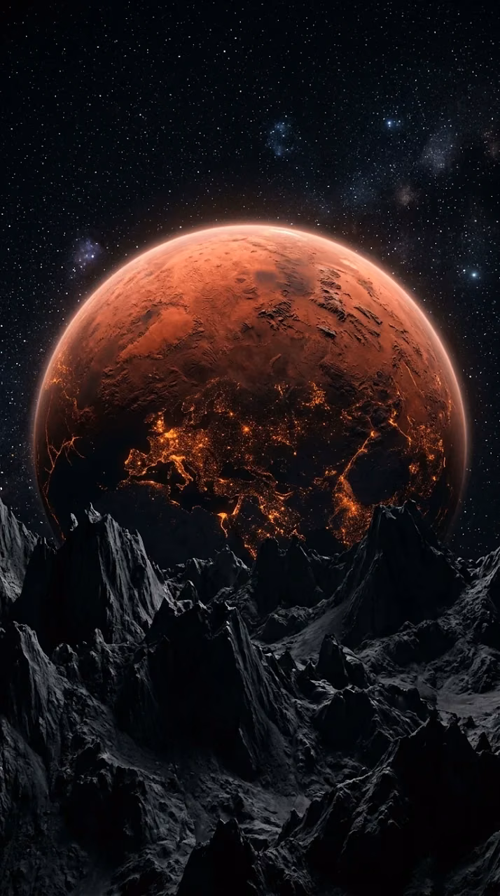 Download Surreal 3D Render of a Massive Red Planet Rising Over a Dark Alien Terrain Wallpaper in Mobile HD Surreal 3D Render of a Massive Red Planet Rising Over a Dark Alien Terrain - Free Mobile AMOLED Wallpaper Background