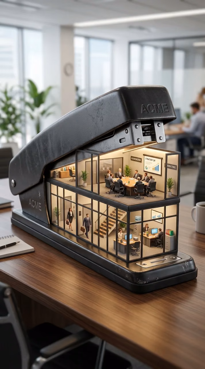 Surreal 3D Render of a Miniature Office and Boardroom Inside a Stapler - Free Mobile AMOLED Wallpaper Background