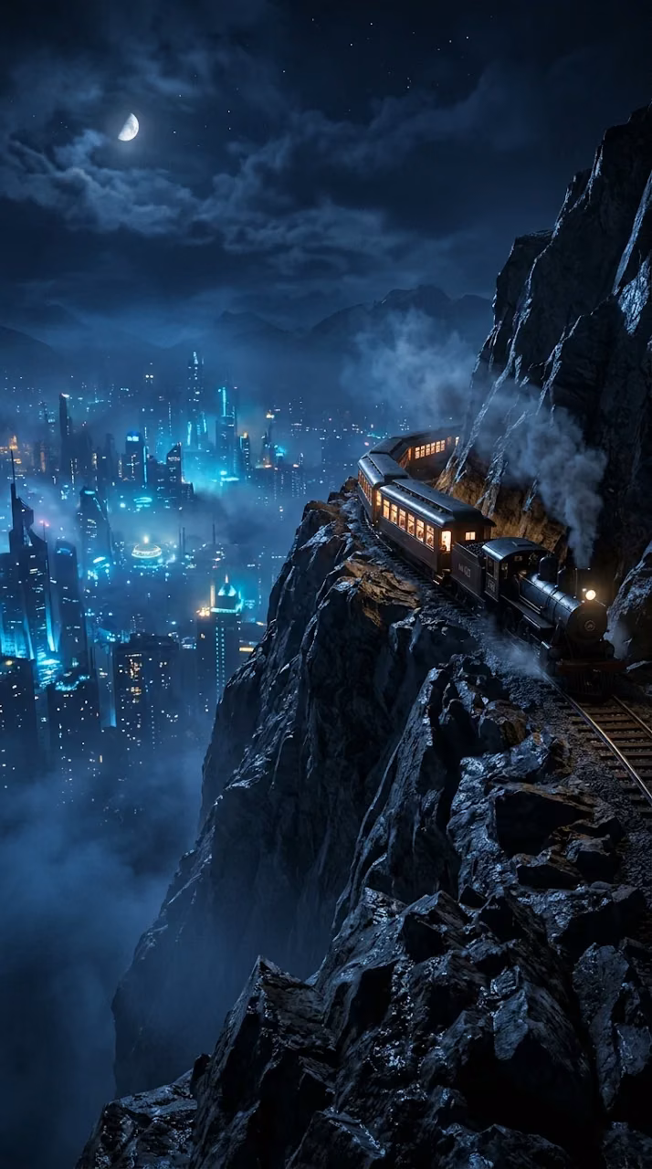 Download Surreal 3D Render of a Train on a Narrow Cliff Above a Foggy City Wallpaper in Mobile HD Surreal 3D Render of a Train on a Narrow Cliff Above a Foggy City - Free Mobile AMOLED Wallpaper Background