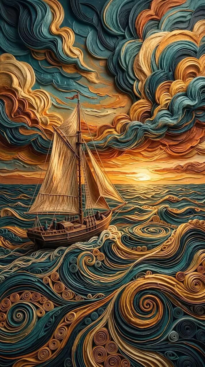 Surreal 3D Textured Illustration of a Sailboat on Swirling Waves - Free Mobile AMOLED Wallpaper Background