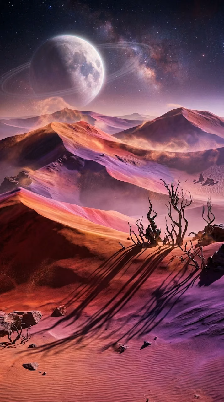 Surreal Alien Desert with Multi-Colored Dunes and Giant Moon - Free Mobile AMOLED Wallpaper Background