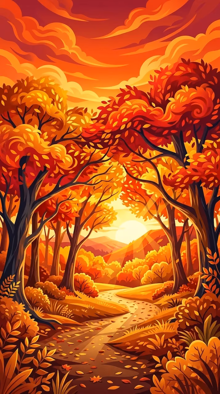 Download Surreal Autumn Landscape with Vibrant Red Trees and Fiery Orange Sky Wallpaper in Mobile HD Surreal Autumn Landscape with Vibrant Red Trees and Fiery Orange Sky - Free Mobile AMOLED Wallpaper Background