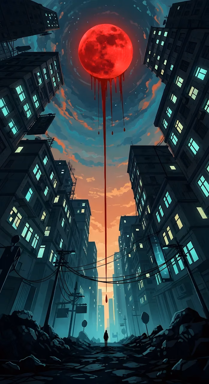 Download Surreal Blood Moon Dripping Red Over Dark Dystopian City Street Wallpaper in Mobile HD Surreal Blood Moon Dripping Red Over Dark Dystopian City Street - Free Mobile AMOLED Wallpaper Background