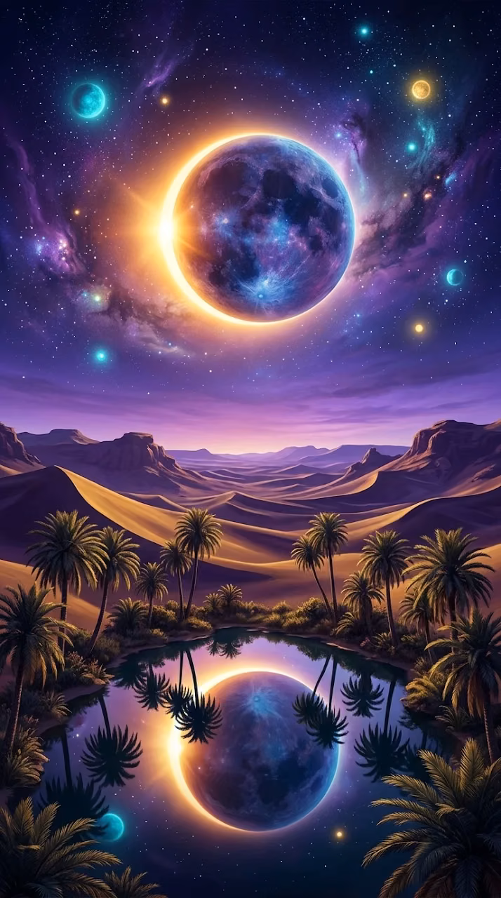 Download Surreal Celestial Eclipse over Desert Oasis Wallpaper in Mobile HD Surreal Celestial Eclipse over Desert Oasis - Free Mobile AMOLED Wallpaper Background
