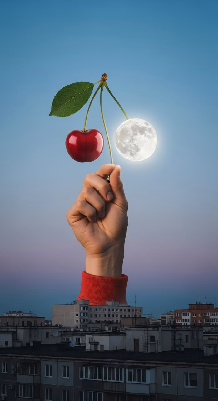 Download Surreal Conceptual Image of a Giant Hand Holding a Cherry and the Full Moon Above City Rooftops at Dusk Wallpaper in Mobile HD Surreal Conceptual Image of a Giant Hand Holding a Cherry and the Full Moon Above City Rooftops at Dusk - Free Mobile AMOLED Wallpaper Background