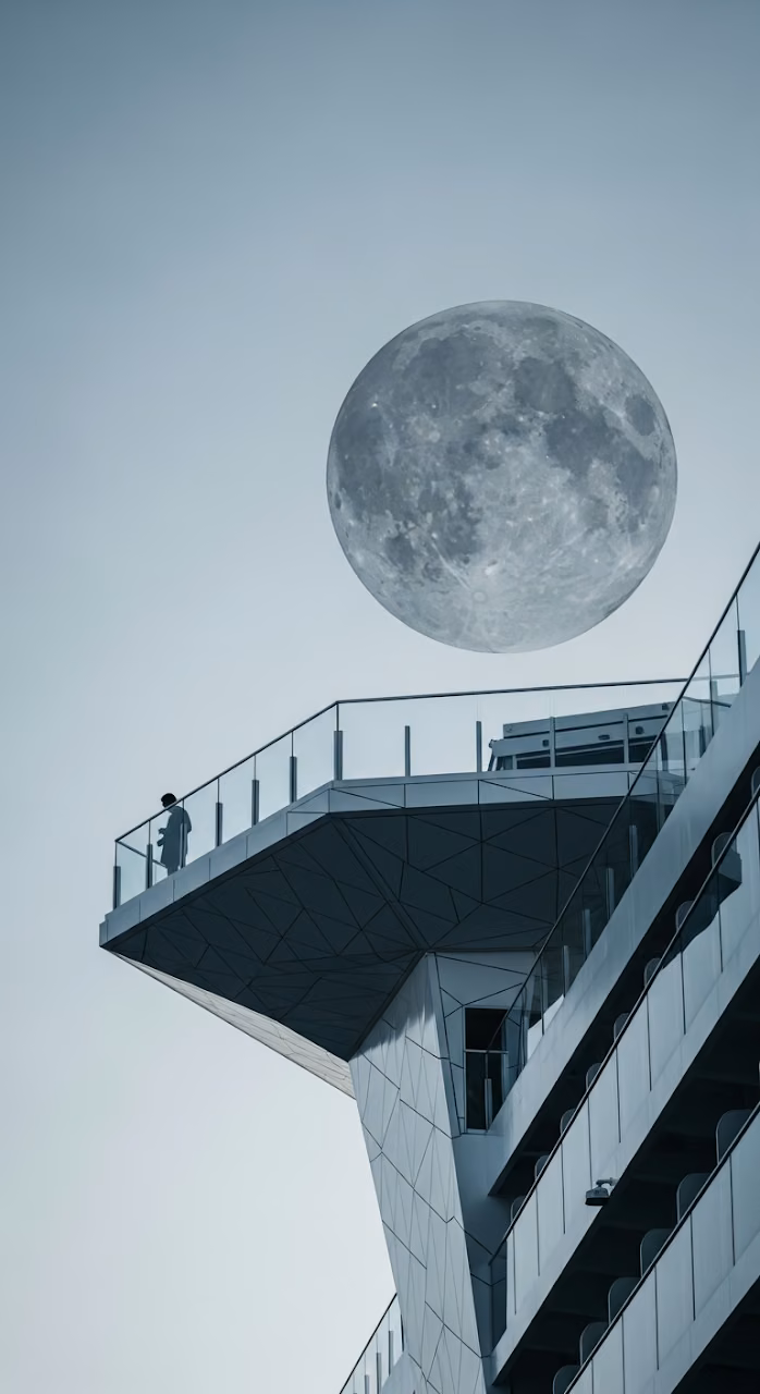 Download Surreal Conceptual Image of a Large Textured Moon Hovering Over a Futuristic Observation Deck Wallpaper in Mobile HD Surreal Conceptual Image of a Large Textured Moon Hovering Over a Futuristic Observation Deck - Free Mobile AMOLED Wallpaper Background