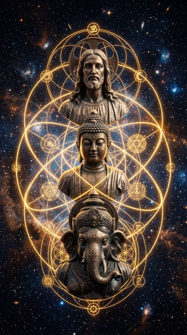 Download Surreal Cosmic Composition Of Jesus, Buddha, And Ganesha Wallpaper in Mobile HD Surreal Cosmic Composition Of Jesus, Buddha, And Ganesha - Free Mobile AMOLED Wallpaper Background