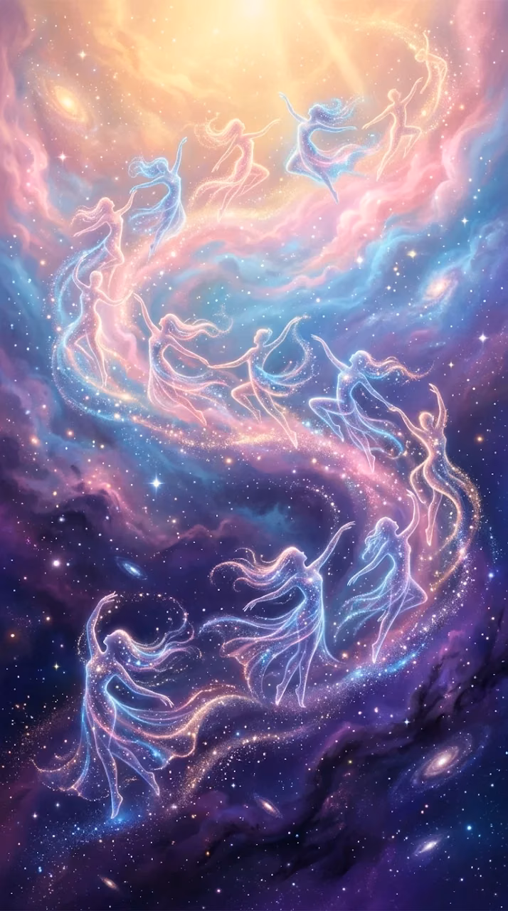 Surreal Cosmic Dance of Ethereal Figures in Pastel Nebulae - Free Mobile AMOLED Wallpaper Background