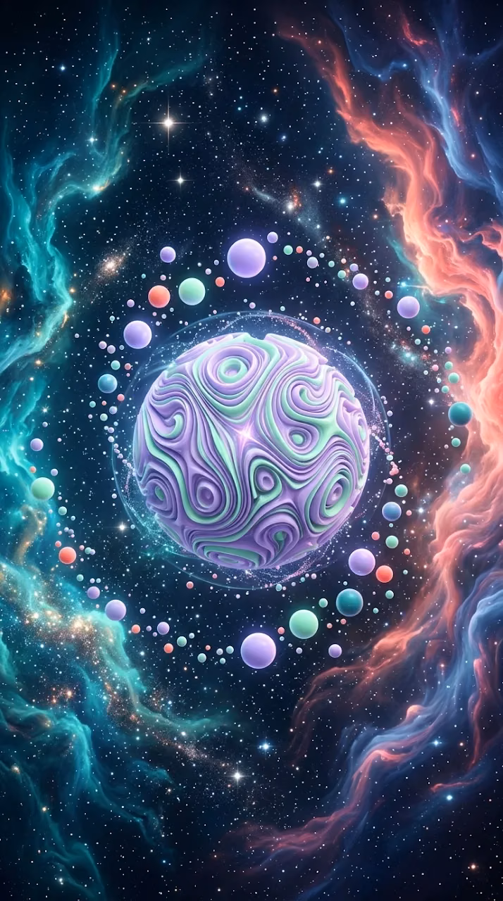 Download Surreal Cosmic Landscape with Lavender Orbs and Teal Nebulae Wallpaper in Mobile HD Surreal Cosmic Landscape with Lavender Orbs and Teal Nebulae - Free Mobile AMOLED Wallpaper Background