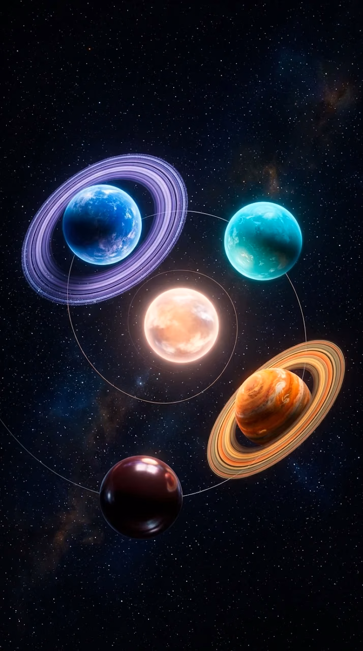 Download Surreal Cosmic Scene with Spiraling Planets in Vibrant Contrasting Colors Wallpaper in Mobile HD Surreal Cosmic Scene with Spiraling Planets in Vibrant Contrasting Colors - Free Mobile AMOLED Wallpaper Background