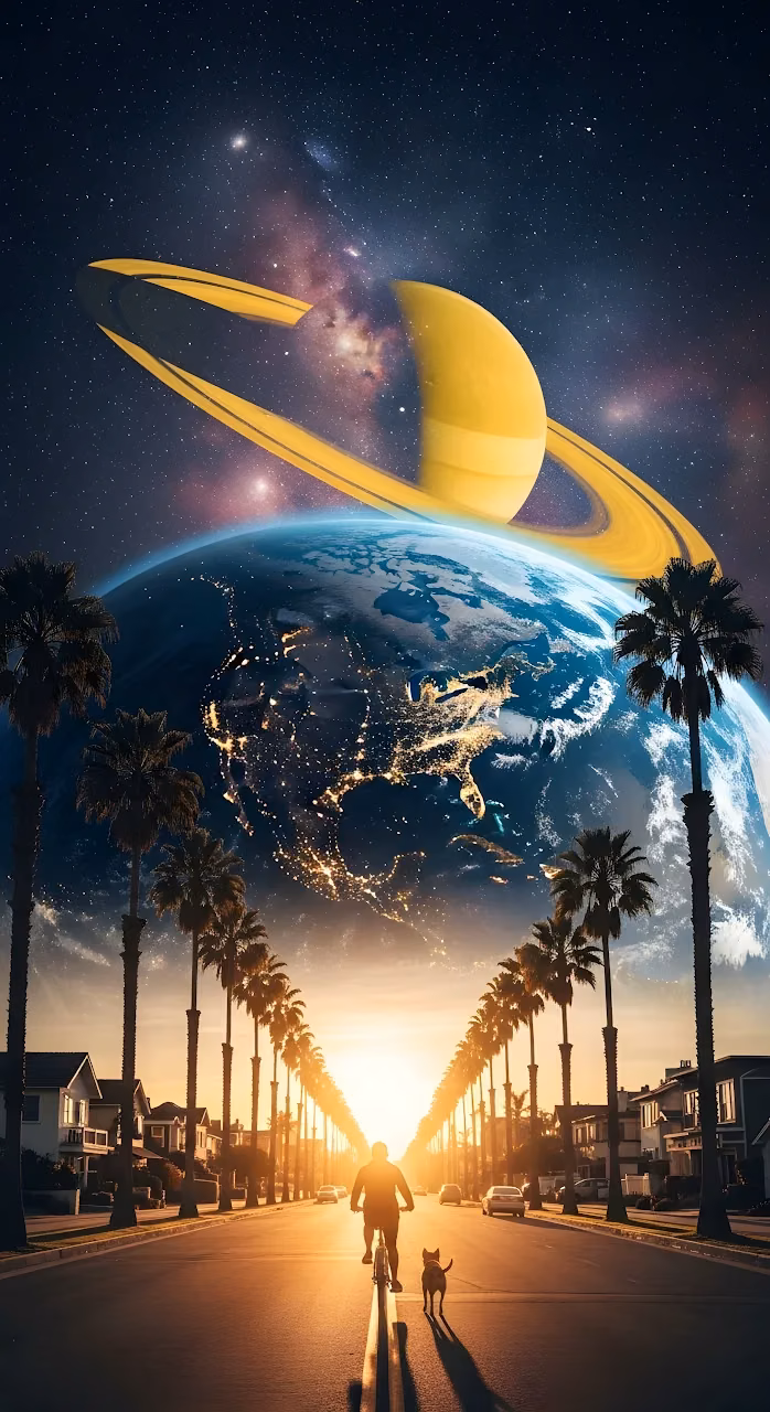 Surreal Cosmic Street Saturn Earth Palm Trees - Free Mobile AMOLED Wallpaper Background