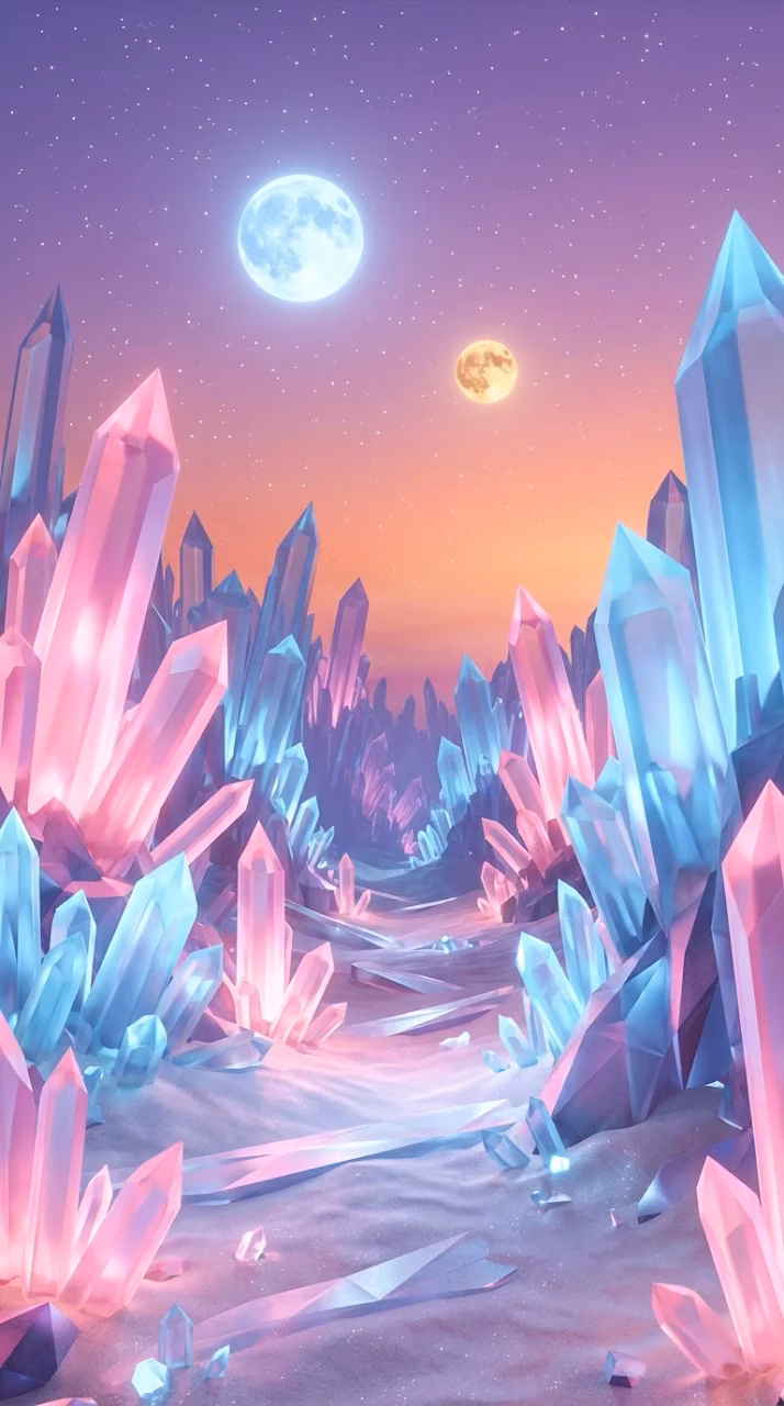 Surreal Crystal Valley Under Twin Moons in Lilac and Peach - Free Mobile AMOLED Wallpaper Background
