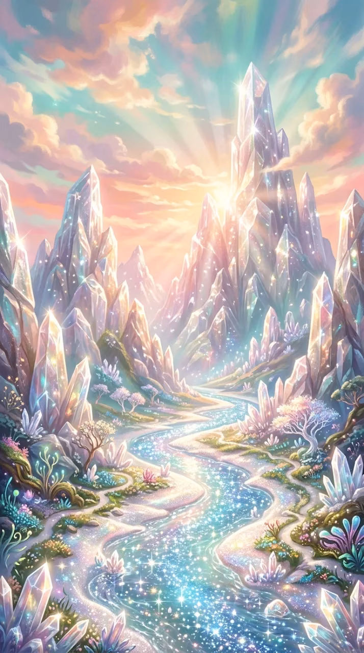 Surreal Crystalline Valley with Gemstone River under Pastel Sky - Free Mobile AMOLED Wallpaper Background