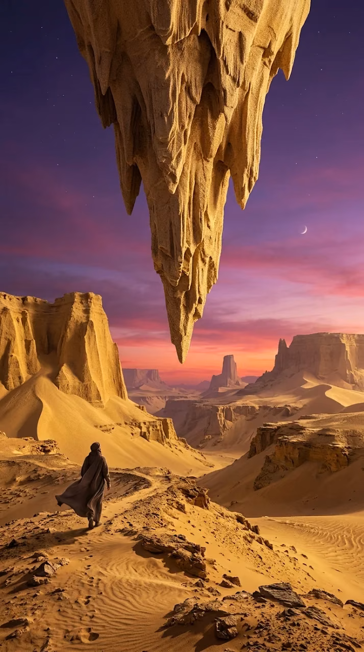Download Surreal Desert Landscape with Floating Inverted Sand Structure Wallpaper in Mobile HD Surreal Desert Landscape with Floating Inverted Sand Structure - Free Mobile AMOLED Wallpaper Background