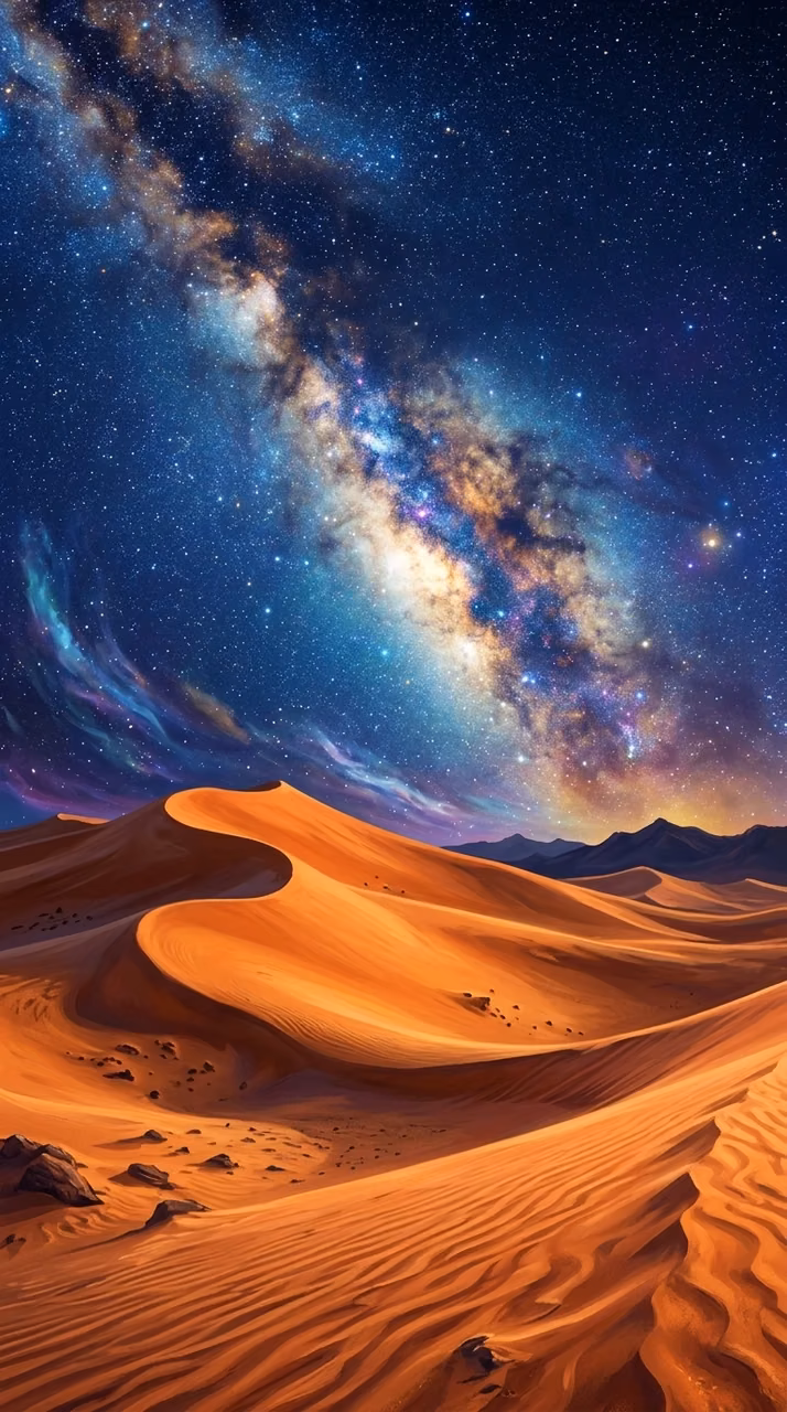 Download Surreal Desert Landscape with Starry Night Sky and Milky Way Wallpaper in Mobile HD Surreal Desert Landscape with Starry Night Sky and Milky Way - Free Mobile AMOLED Wallpaper Background