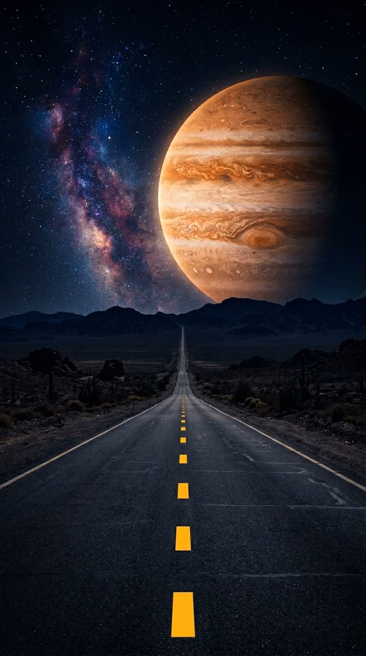 Surreal Digital Art of a Long Highway Leading Toward a Giant Planet - Free Mobile AMOLED Wallpaper Background