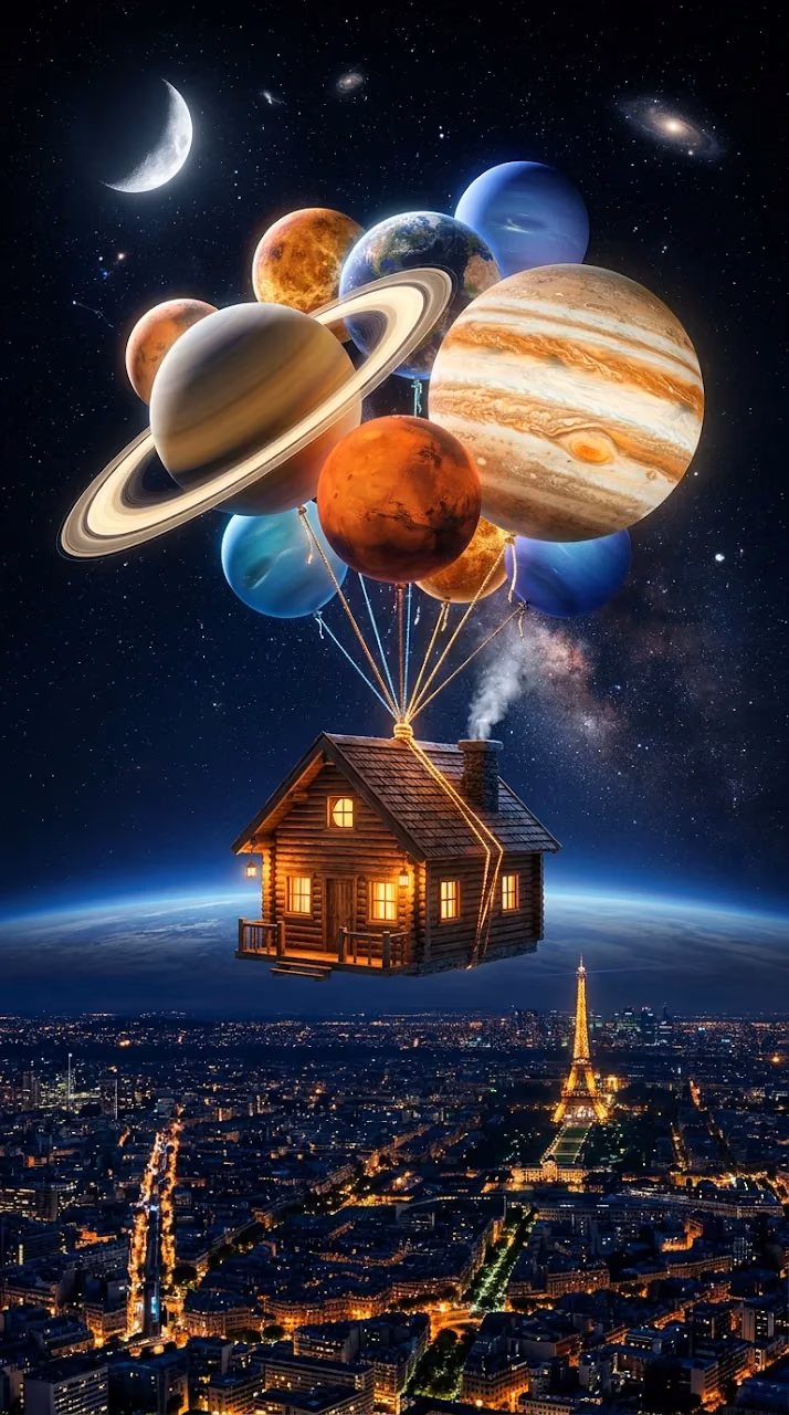 Download Surreal Digital Illustration of a Small Cabin Lifted by Planetary Balloons Wallpaper in Mobile HD Surreal Digital Illustration of a Small Cabin Lifted by Planetary Balloons - Free Mobile AMOLED Wallpaper Background