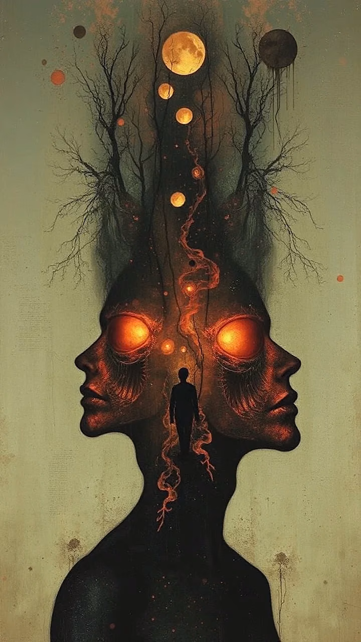 Surreal Dual Face with Glowing Eyes and Moons - Free Mobile AMOLED Wallpaper Background