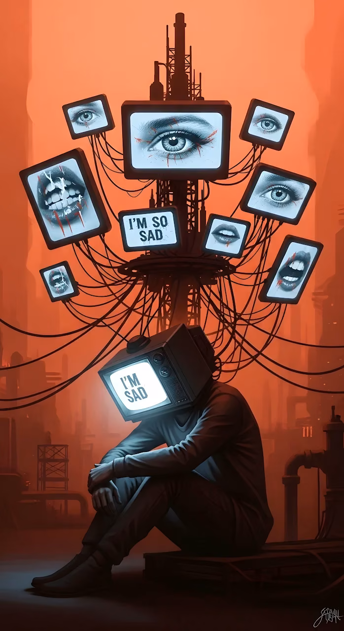 Download Surreal Dystopian Figure with TV Head Displaying Sadness Wallpaper in Mobile HD Surreal Dystopian Figure with TV Head Displaying Sadness - Free Mobile AMOLED Wallpaper Background