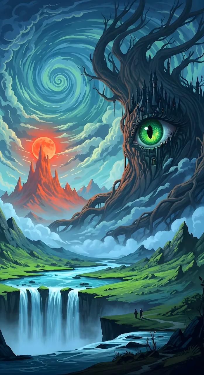 Download Surreal Fantasy Landscape with Giant Eye Tree Castle Wallpaper in Mobile HD Surreal Fantasy Landscape with Giant Eye Tree Castle - Free Mobile AMOLED Wallpaper Background