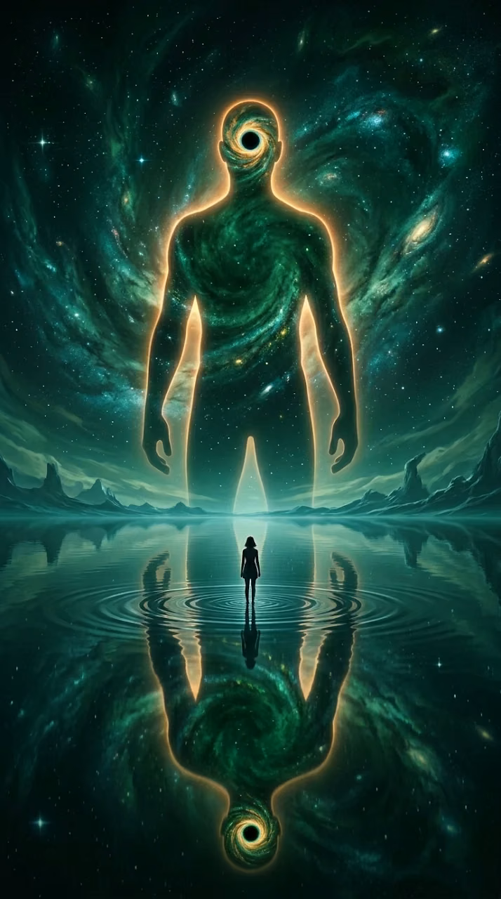 Surreal Figure Facing Towering Humanoid Silhouette with Galaxy Head - Free Mobile AMOLED Wallpaper Background