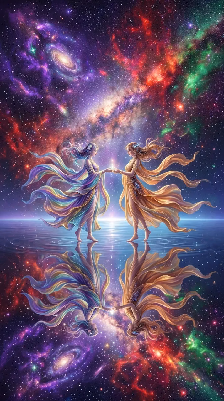 Surreal Figures on a Mirror Ocean Under a Galactic Sky - Free Mobile AMOLED Wallpaper Background