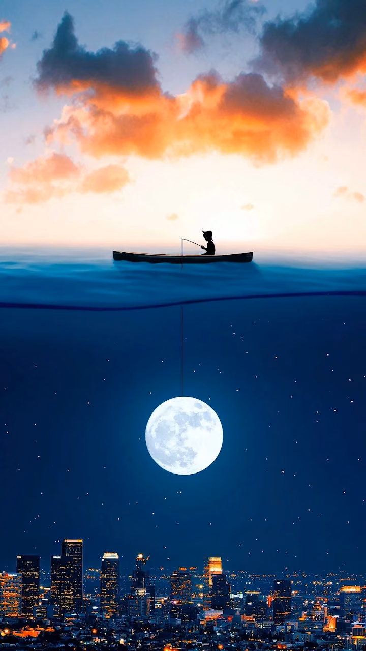 Download Surreal Fisherman Catching Full Moon Above City Skyline Wallpaper in 4K UHD Surreal Fisherman Catching Full Moon Above City Skyline - Free 4K Desktop Wallpaper Background