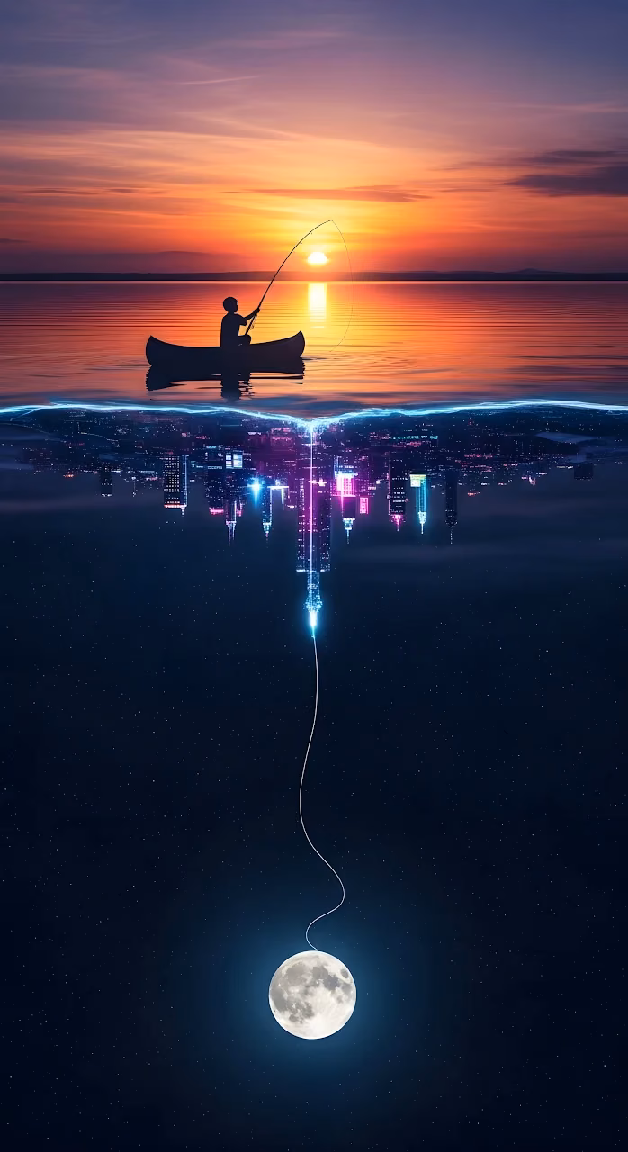 Download Surreal Fisherman Catching the Moon Above a Neon City Reflection Wallpaper in Mobile HD Surreal Fisherman Catching the Moon Above a Neon City Reflection - Free Mobile AMOLED Wallpaper Background